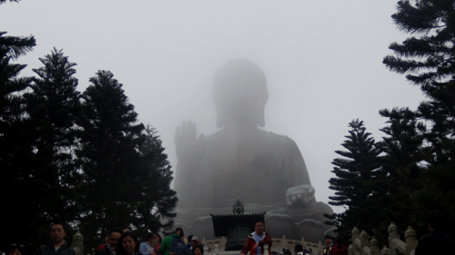 Walking up the 1000 Steps to the Big Buddha Statue. Foggy day.